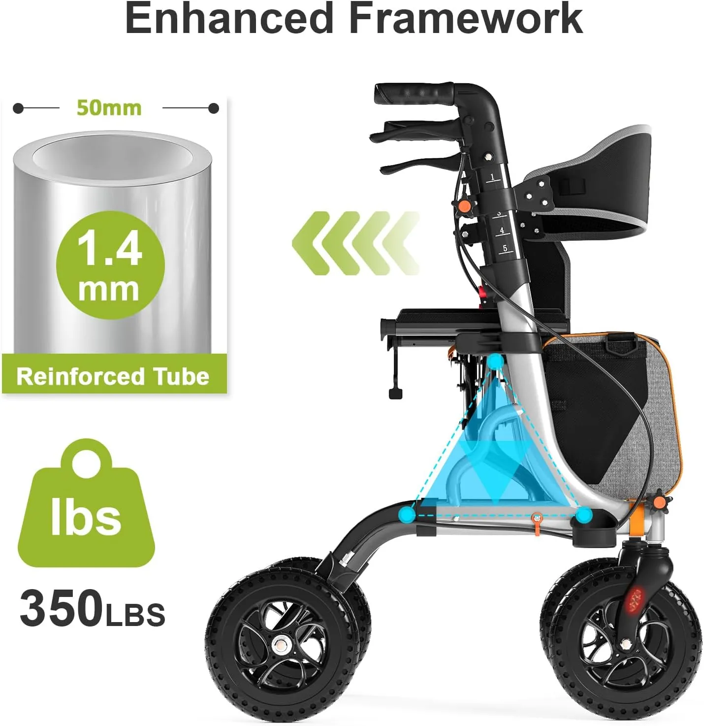 Rollator Walkers for Seniors with Seat, Foldable Walkers for Seniors, 8" All-Terrain Wheels, 18" Big Seat, 6-Level Adjustable Height Rolling Walker, 350 lb, Walker for Seniors & Adults (Sliver)