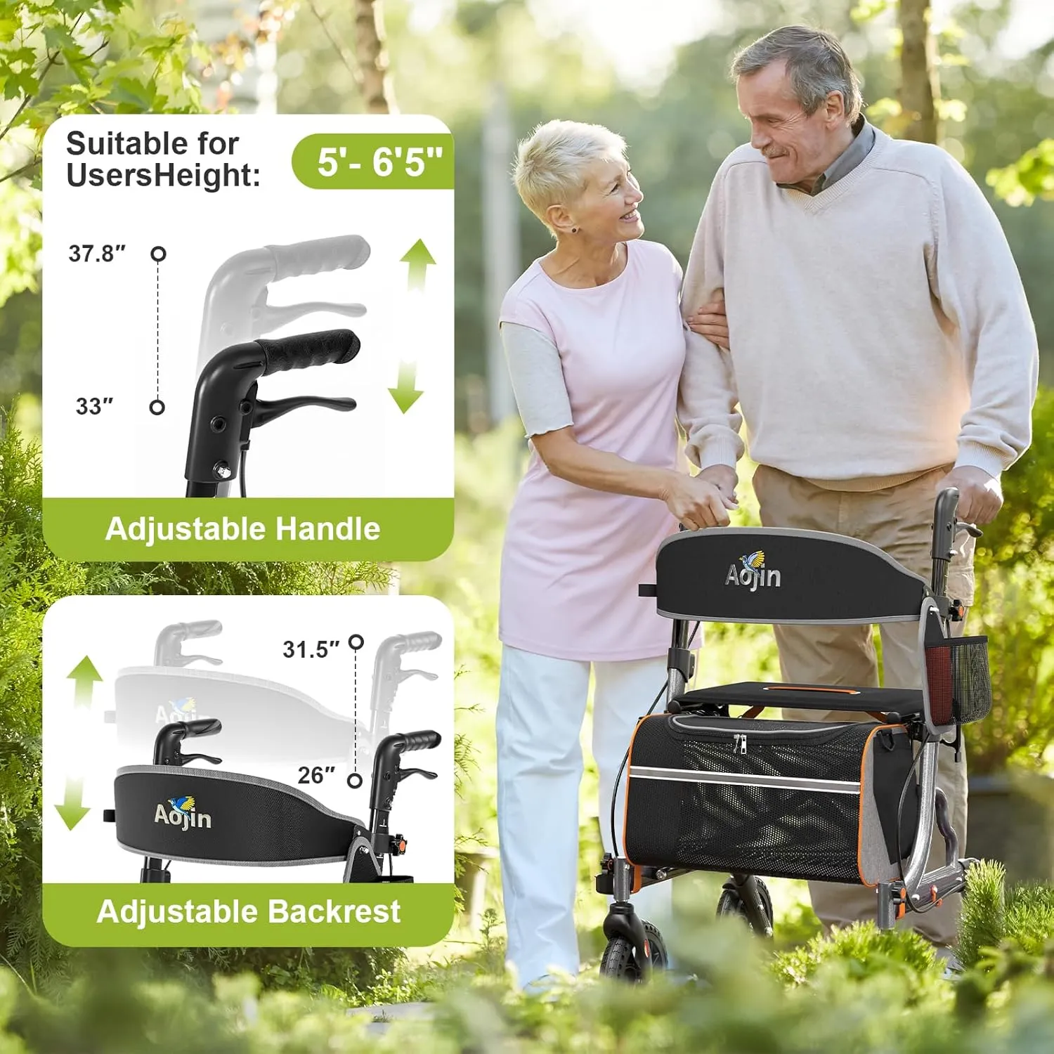 Rollator Walkers for Seniors with Seat, Foldable Walkers for Seniors, 8" All-Terrain Wheels, 18" Big Seat, 6-Level Adjustable Height Rolling Walker, 350 lb, Walker for Seniors & Adults (Sliver)
