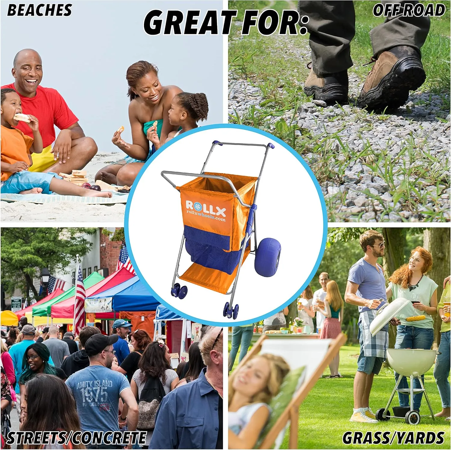 RollX Beach Cart with Big Balloon Wheels for Sand, Foldable Storage Wagon with 13 Inch Beach Tires (Pump Included) (Orange)