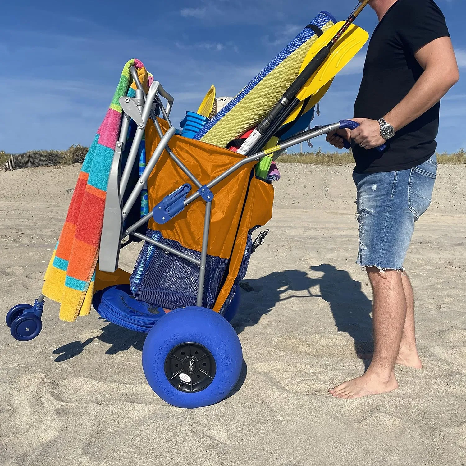 RollX Beach Cart with Big Balloon Wheels for Sand, Foldable Storage Wagon with 13 Inch Beach Tires (Pump Included) (Orange)