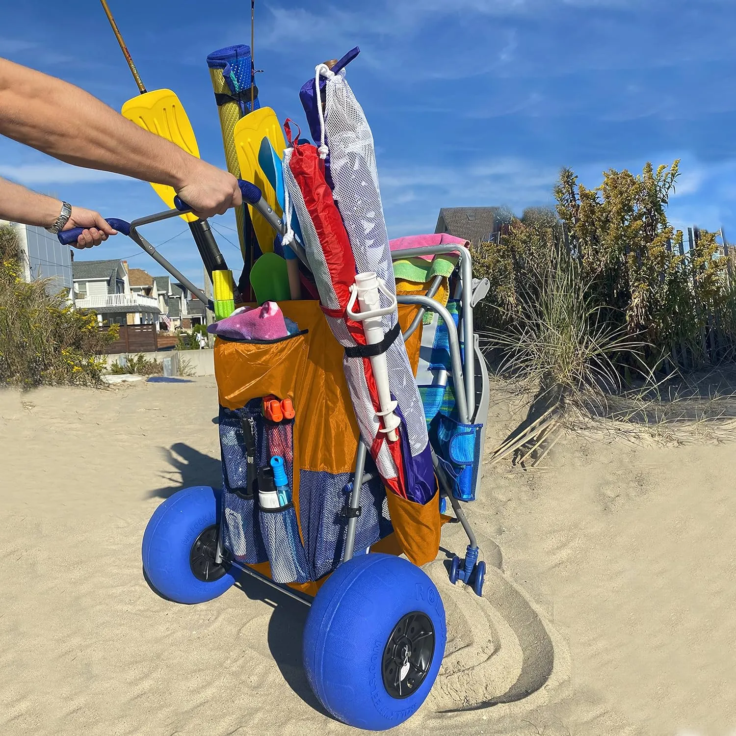 RollX Beach Cart with Big Balloon Wheels for Sand, Foldable Storage Wagon with 13 Inch Beach Tires (Pump Included) (Orange)