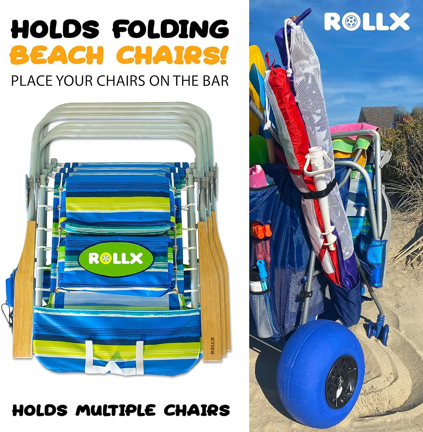 RollX Big Balloon Wheel Beach Cart for Sand, Foldable Storage Wagon with Big 13 Inch Beach Tires (Pump Included) (Blue)