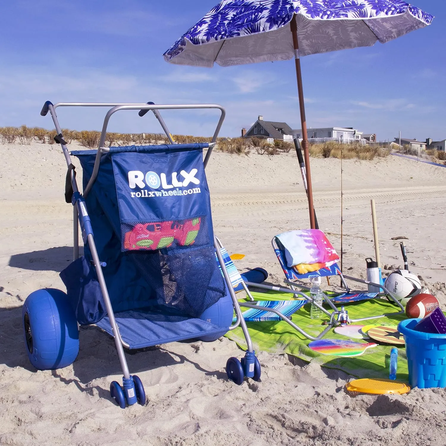 RollX Big Balloon Wheel Beach Cart for Sand, Foldable Storage Wagon with Big 13 Inch Beach Tires (Pump Included) (Blue)