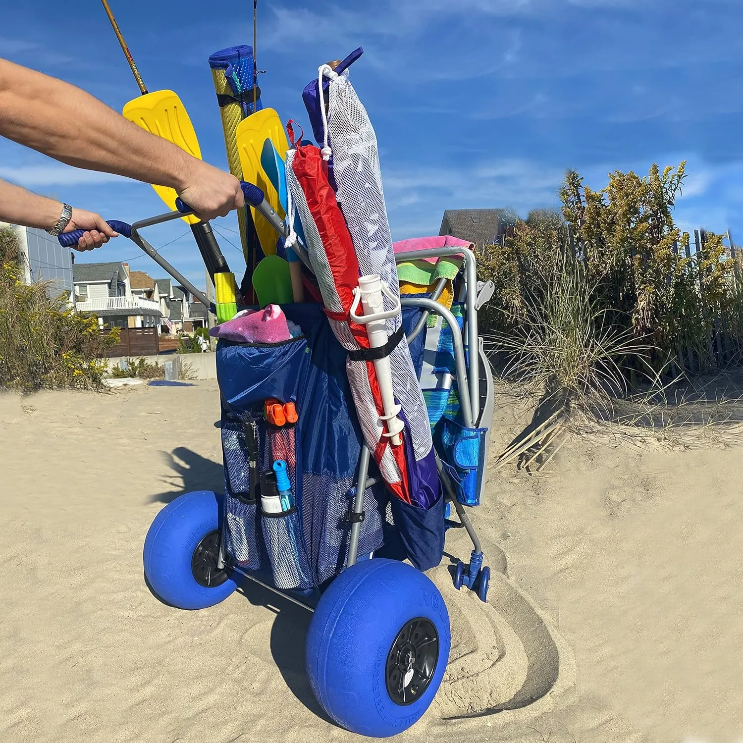 RollX Big Balloon Wheel Beach Cart for Sand, Foldable Storage Wagon with Big 13 Inch Beach Tires (Pump Included) (Blue)