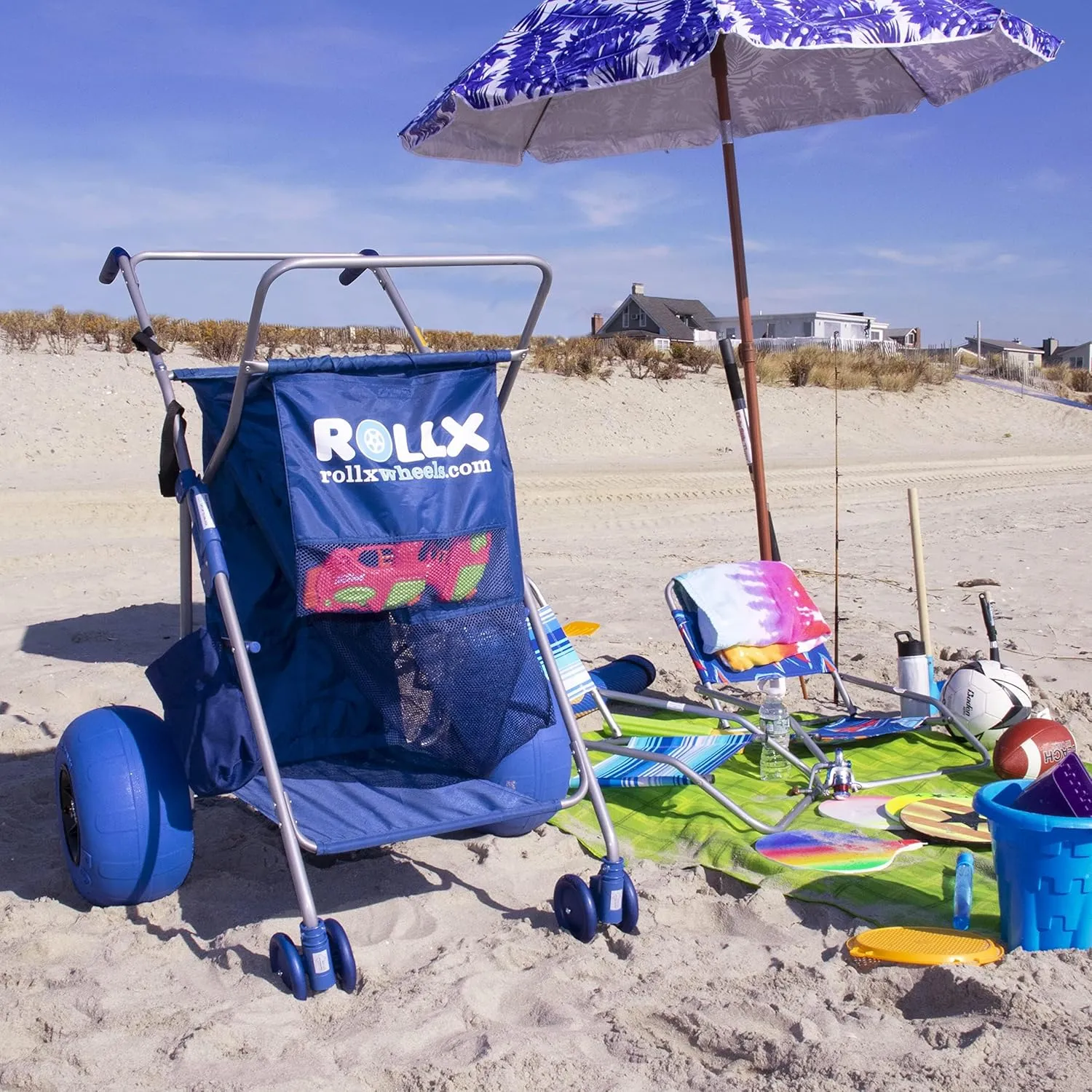 RollX Big Balloon Wheel Beach Cart for Sand, Foldable Storage Wagon with Big 13 Inch Beach Tires (Pump Included) (Blue)