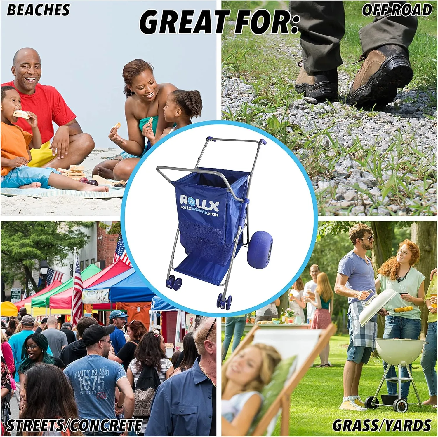 RollX Big Balloon Wheel Beach Cart for Sand, Foldable Storage Wagon with Big 13 Inch Beach Tires (Pump Included) (Blue)