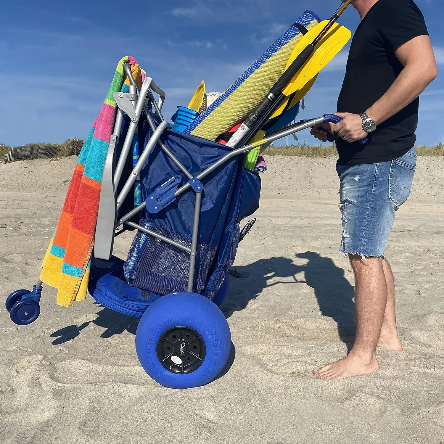 RollX Big Balloon Wheel Beach Cart for Sand, Foldable Storage Wagon with Big 13 Inch Beach Tires (Pump Included) (Blue)