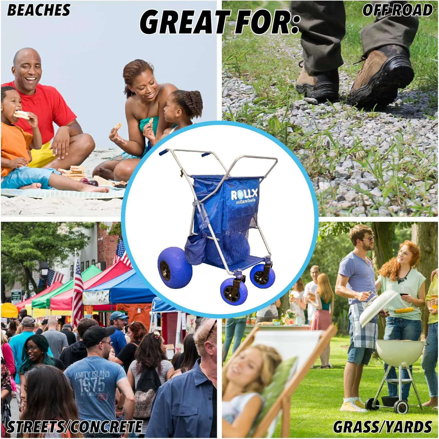 RollX Foldable Storage Wagon with 4 Balloon Wheels, Rear 13 Inch & Front 7 Inch Beach Tires (Pump Included) - Blue