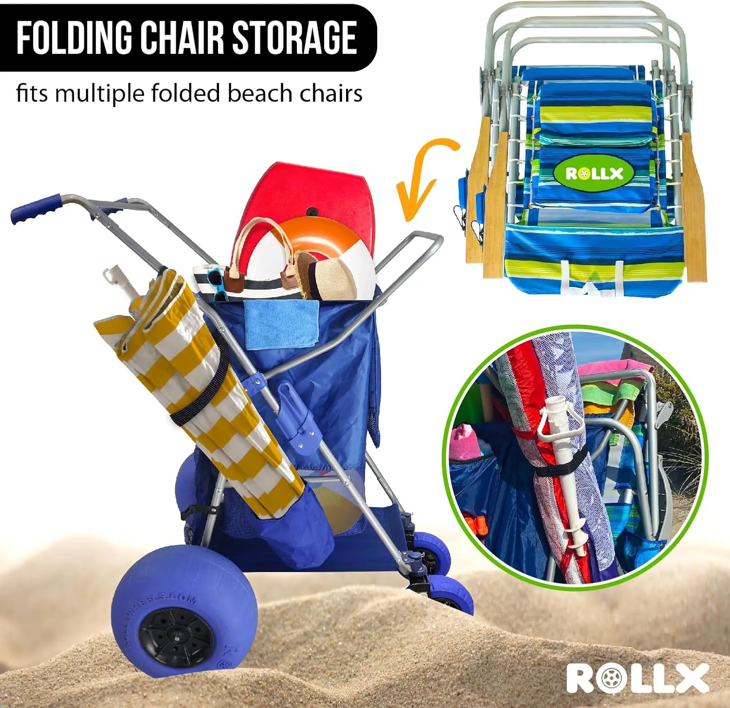 RollX Foldable Storage Wagon with 4 Balloon Wheels, Rear 13 Inch & Front 7 Inch Beach Tires (Pump Included) - Blue