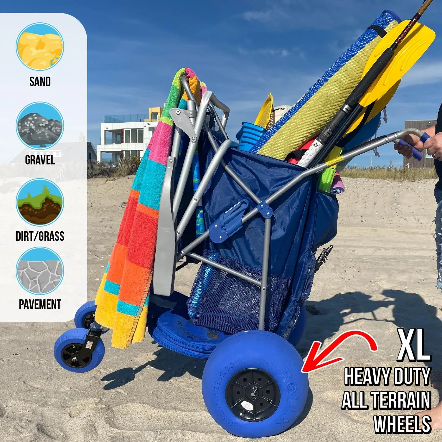 RollX Foldable Storage Wagon with 4 Balloon Wheels, Rear 13 Inch & Front 7 Inch Beach Tires (Pump Included) - Blue