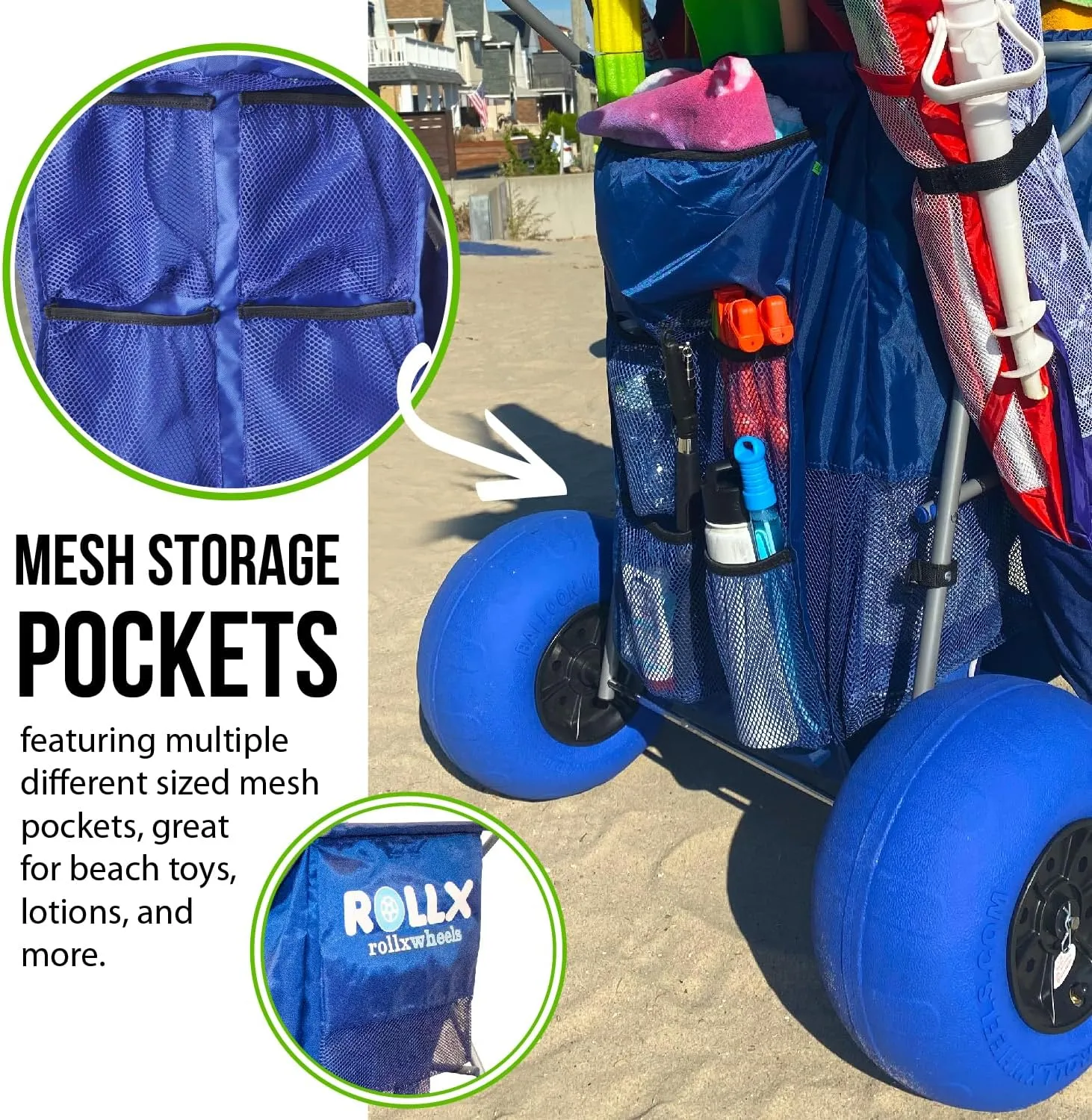 RollX Foldable Storage Wagon with 4 Balloon Wheels, Rear 13 Inch & Front 7 Inch Beach Tires (Pump Included) - Blue