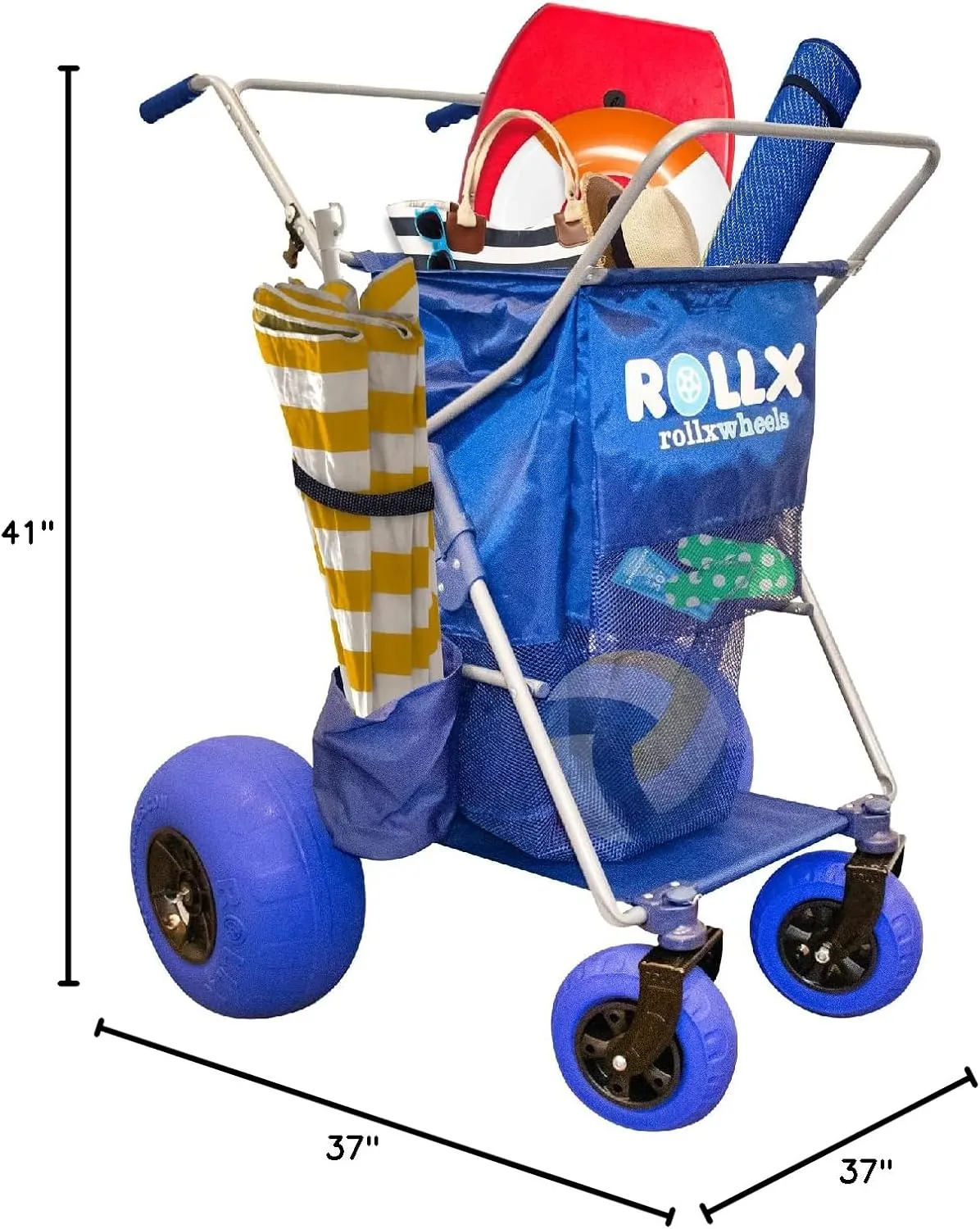 RollX Foldable Storage Wagon with 4 Balloon Wheels, Rear 13 Inch & Front 7 Inch Beach Tires (Pump Included) - Blue