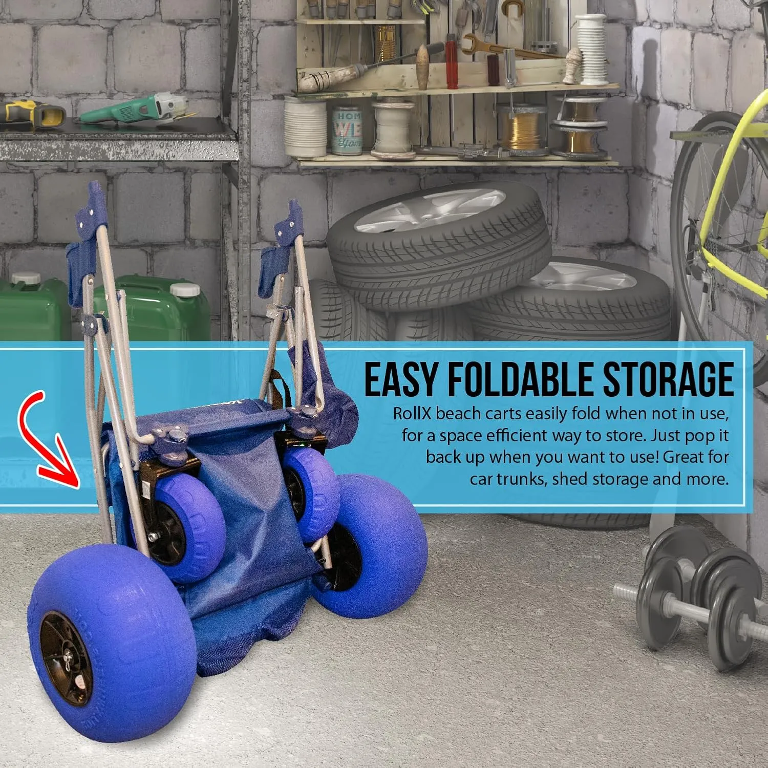 RollX Foldable Storage Wagon with 4 Balloon Wheels, Rear 13 Inch & Front 7 Inch Beach Tires (Pump Included) - Blue