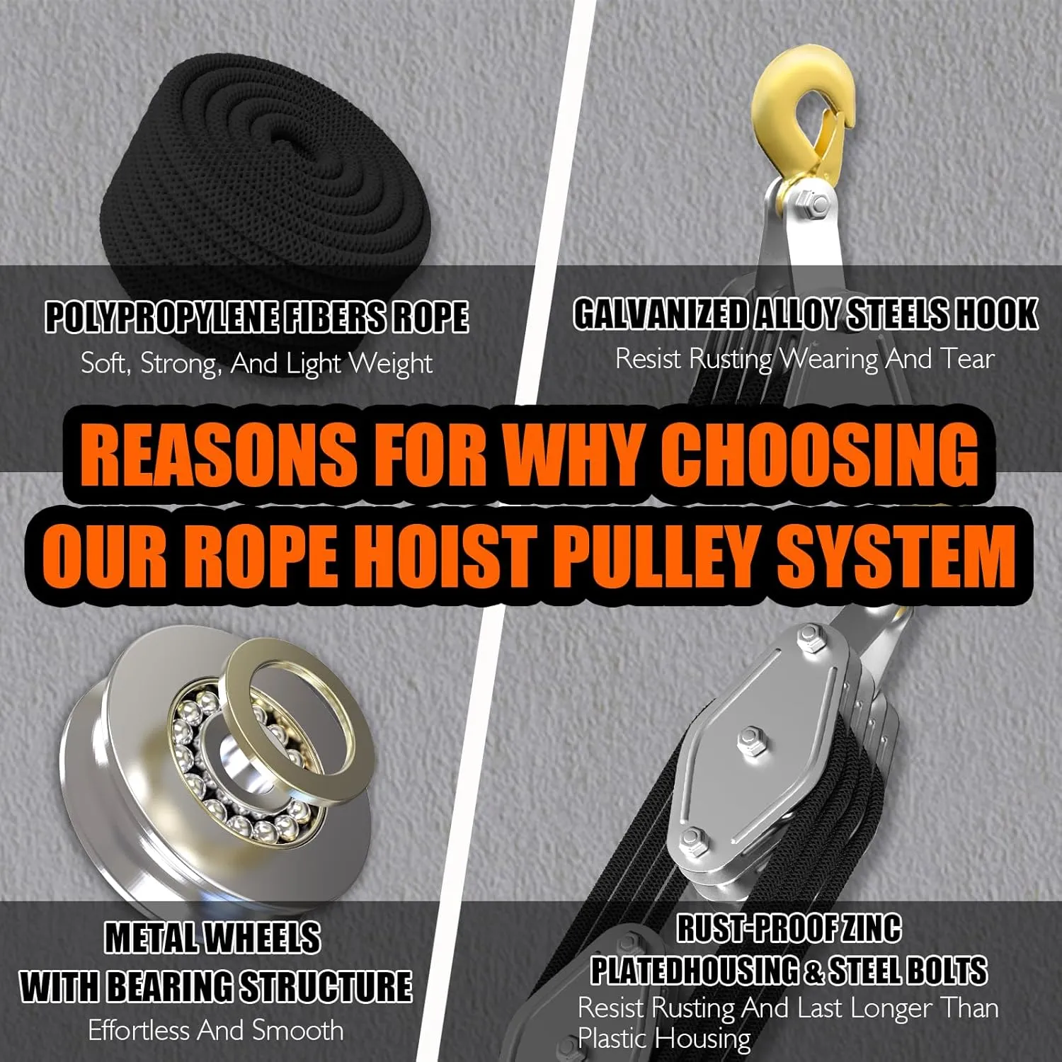 Rope Hoist Pulley System, 4400LB Block and Tackle Pulley System, 8:1 Lifting Power 65ft, Pulley Block for Lifting Loading Pulling with 1 Swing Hanger 2 Screws 2 Expansion Bolts
