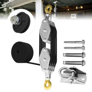 Rope Hoist Pulley System, 4400LB Block and Tackle Pulley System, 8:1 Lifting Power 65ft, Pulley Block for Lifting Loading Pulling with 1 Swing Hanger 2 Screws 2 Expansion Bolts