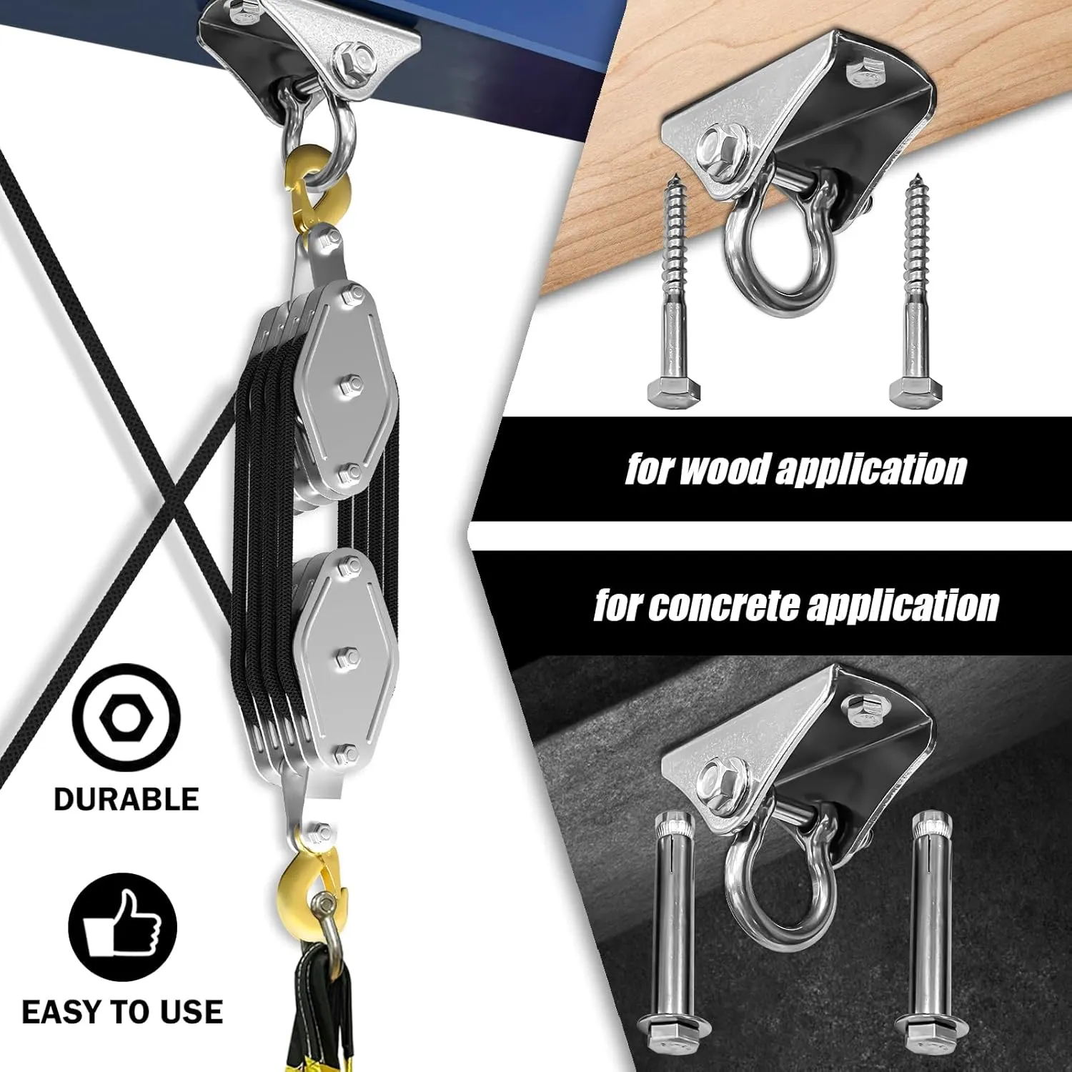 Rope Hoist Pulley System, 4400LB Block and Tackle Pulley System, 8:1 Lifting Power 65ft, Pulley Block for Lifting Loading Pulling with 1 Swing Hanger 2 Screws 2 Expansion Bolts