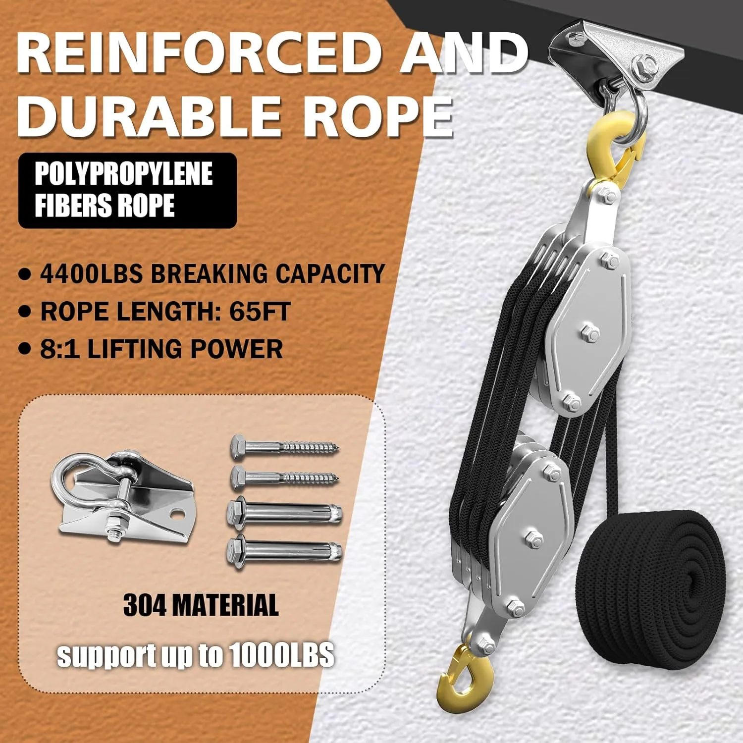 Rope Hoist Pulley System, 4400LB Block and Tackle Pulley System, 8:1 Lifting Power 65ft, Pulley Block for Lifting Loading Pulling with 1 Swing Hanger 2 Screws 2 Expansion Bolts