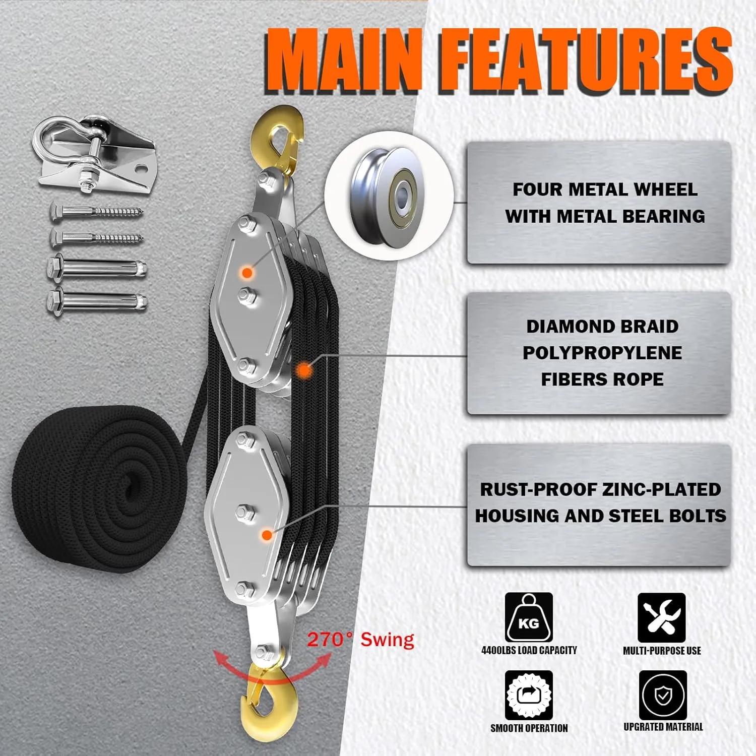 Rope Hoist Pulley System, 4400LB Block and Tackle Pulley System, 8:1 Lifting Power 65ft, Pulley Block for Lifting Loading Pulling with 1 Swing Hanger 2 Screws 2 Expansion Bolts