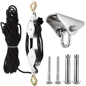 Rope Hoist Pulley System with Metal Bearing, 4400LB Heavy Duty Pulley Block and Tackle, 8:1 Lifting Power 65.6ft, Pulley Hoist for Lifting Heavy Objects, with 1 Swing Hanger
