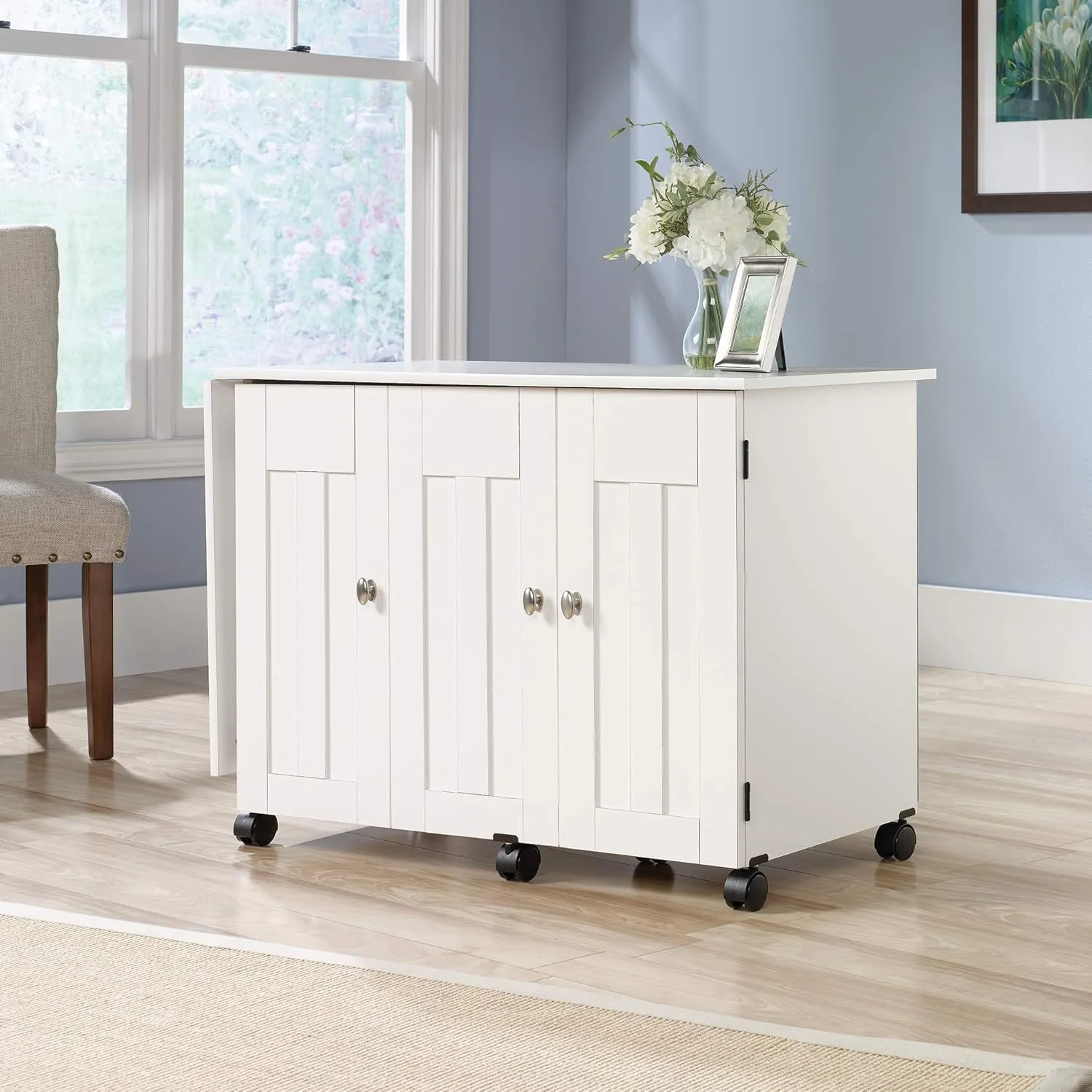 Sauder Folding SewingTable & Craft Cart Storage Cabinet, in Soft White