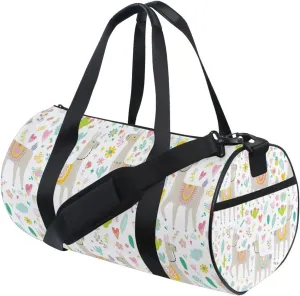 Seamless Colorful Tribal Ethnic Llama, Cactus Cacti on White Duffel Bag, Foldable Canvas Travel Tote for Gym Sports with Inner Pockets, Durable Lightweight Fitness Bag for Overnight Workout