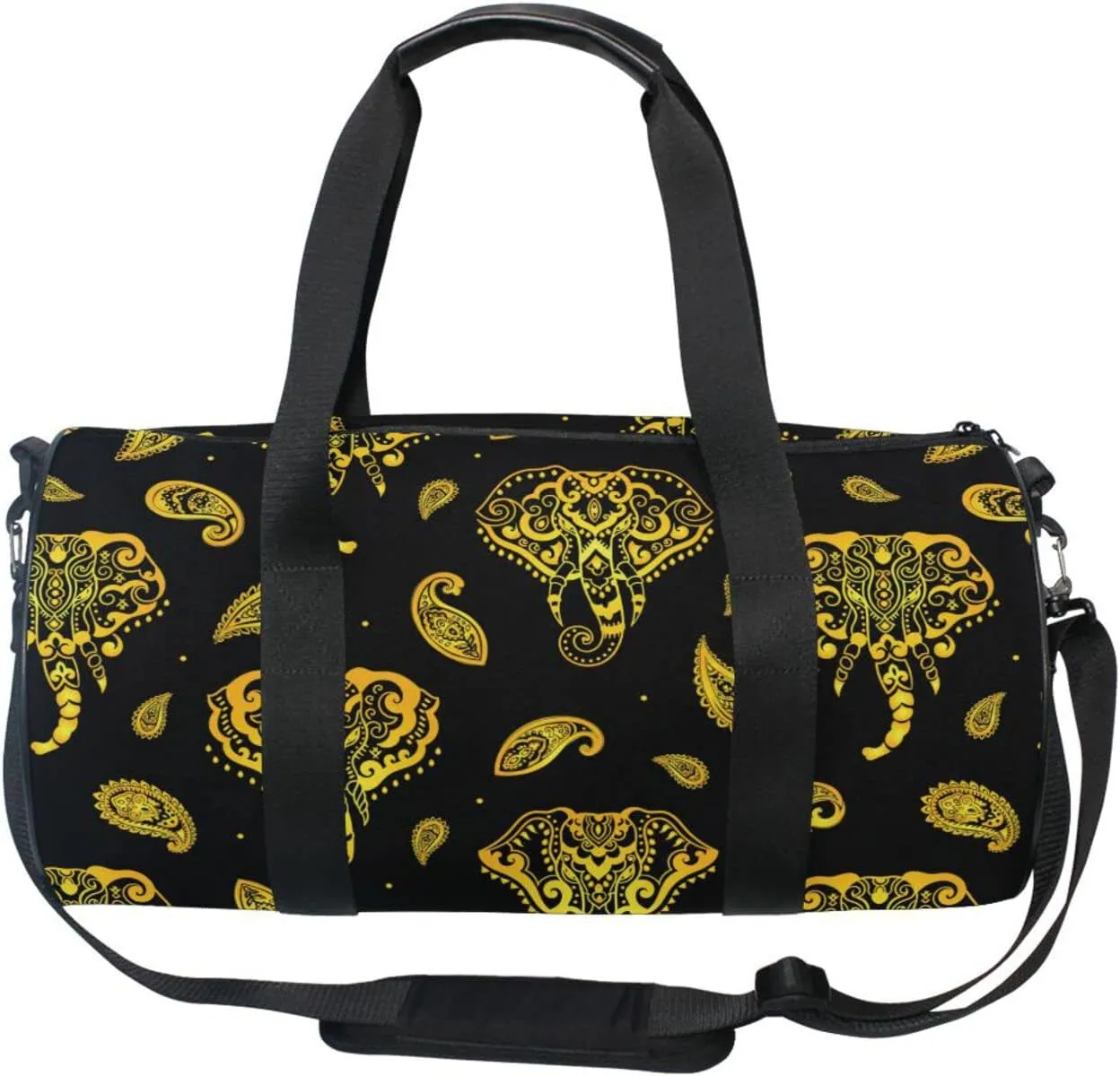 Seamless Gold Indian Aztec Tattoo Tribal Ornament Elephants Duffel Bag, Foldable Canvas Travel Tote for Gym Sports with Inner Pockets, Durable Lightweight Fitness Bag for Overnight Workout