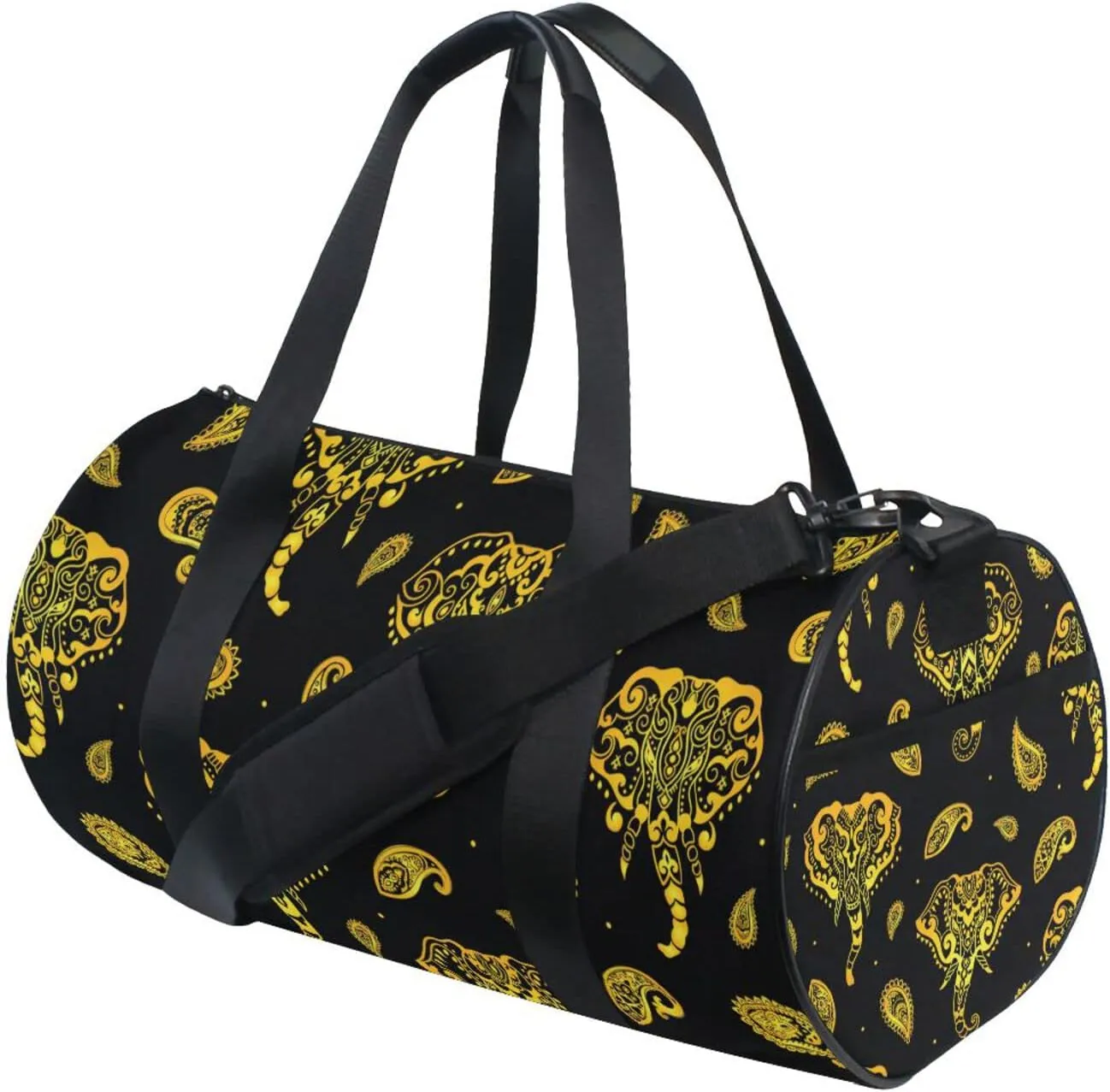 Seamless Gold Indian Aztec Tattoo Tribal Ornament Elephants Duffel Bag, Foldable Canvas Travel Tote for Gym Sports with Inner Pockets, Durable Lightweight Fitness Bag for Overnight Workout