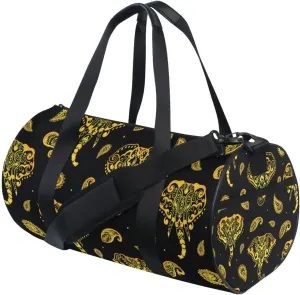 Seamless Gold Indian Aztec Tattoo Tribal Ornament Elephants Duffel Bag, Foldable Canvas Travel Tote for Gym Sports with Inner Pockets, Durable Lightweight Fitness Bag for Overnight Workout