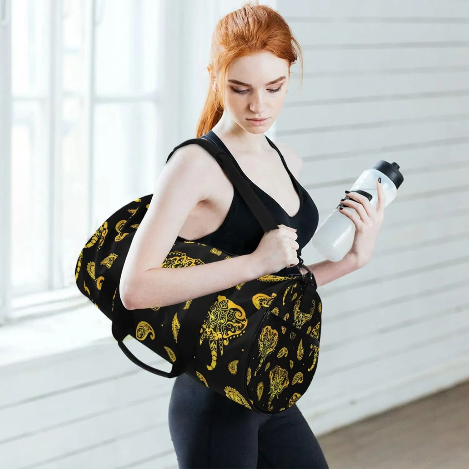 Seamless Gold Indian Aztec Tattoo Tribal Ornament Elephants Duffel Bag, Foldable Canvas Travel Tote for Gym Sports with Inner Pockets, Durable Lightweight Fitness Bag for Overnight Workout