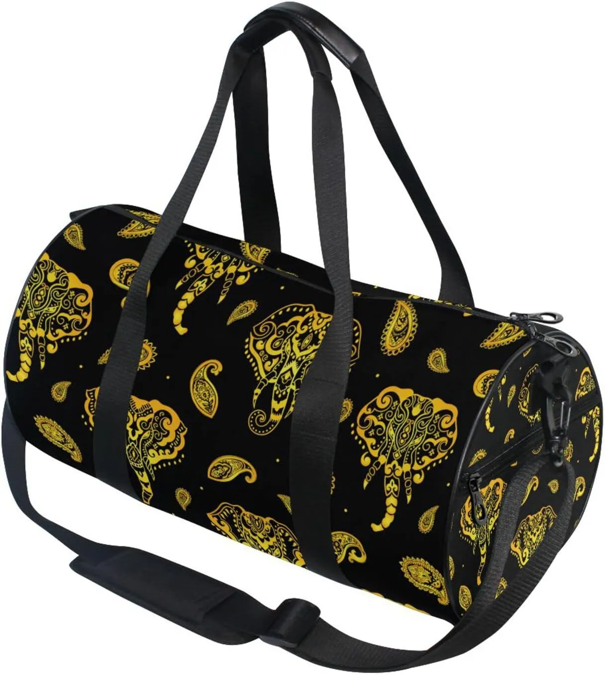 Seamless Gold Indian Aztec Tattoo Tribal Ornament Elephants Duffel Bag, Foldable Canvas Travel Tote for Gym Sports with Inner Pockets, Durable Lightweight Fitness Bag for Overnight Workout