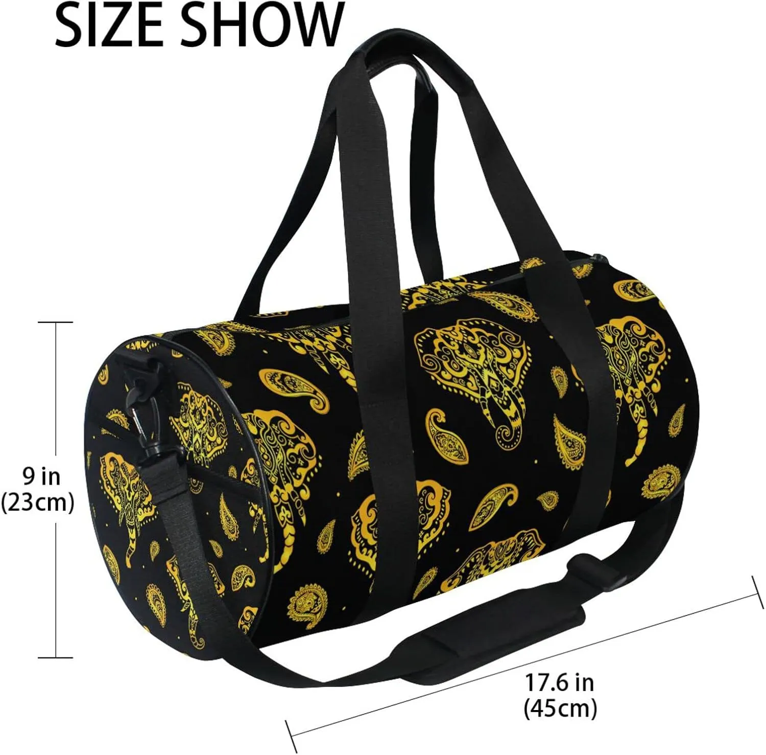 Seamless Gold Indian Aztec Tattoo Tribal Ornament Elephants Duffel Bag, Foldable Canvas Travel Tote for Gym Sports with Inner Pockets, Durable Lightweight Fitness Bag for Overnight Workout