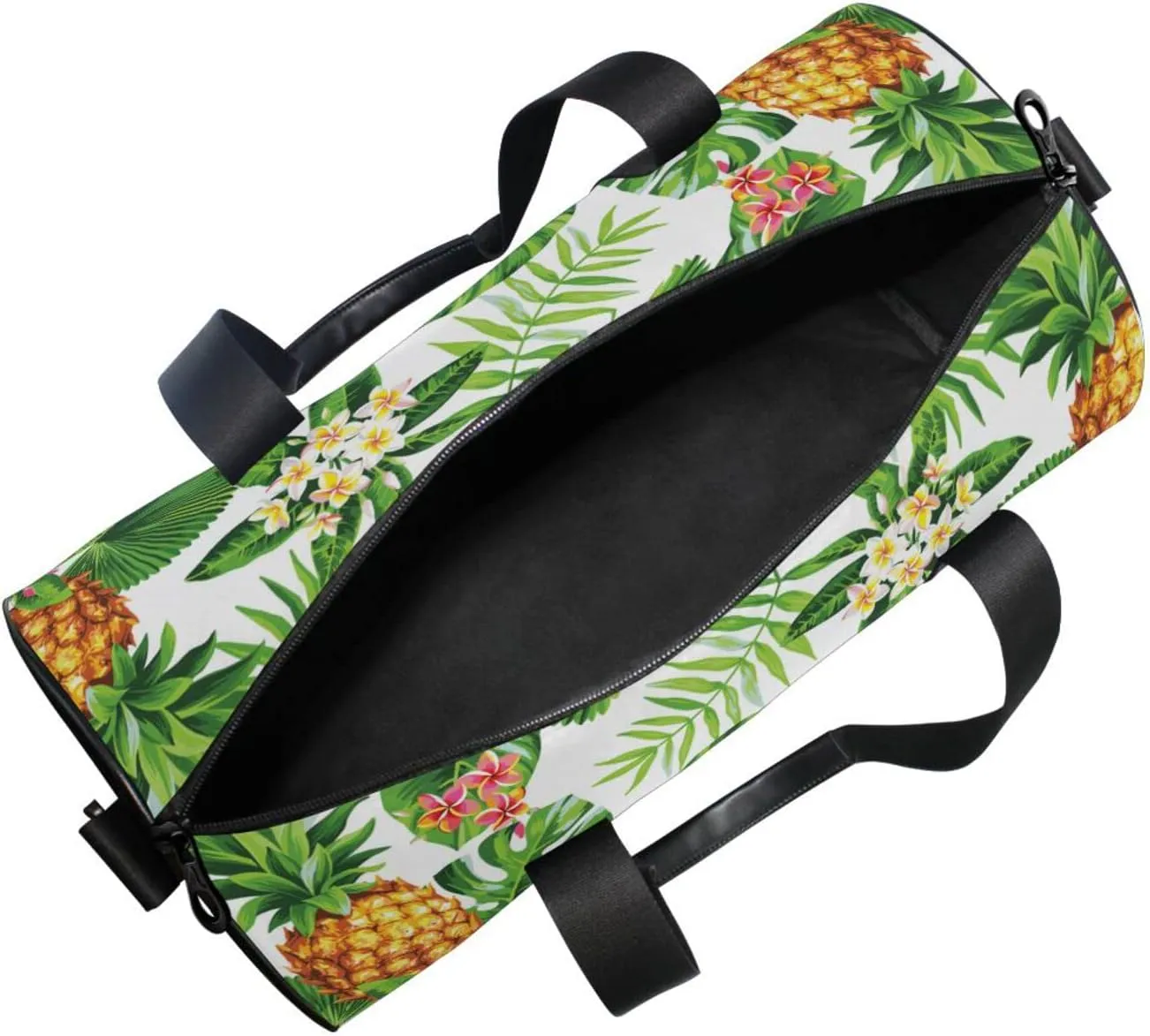 Seamless Hawaiian Pineapples, Tropical Palm Leaves Flowers on White Duffel Bag, Foldable Canvas Travel Tote for Gym Sports with Inner Pockets, Durable Lightweight Fitness Bag for Overnight Workout