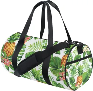 Seamless Hawaiian Pineapples, Tropical Palm Leaves Flowers on White Duffel Bag, Foldable Canvas Travel Tote for Gym Sports with Inner Pockets, Durable Lightweight Fitness Bag for Overnight Workout