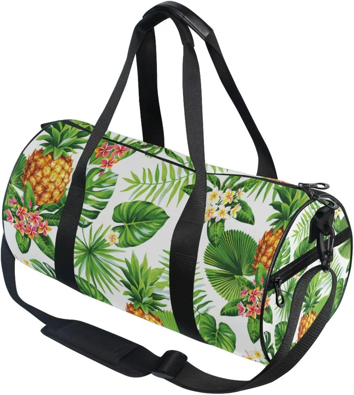 Seamless Hawaiian Pineapples, Tropical Palm Leaves Flowers on White Duffel Bag, Foldable Canvas Travel Tote for Gym Sports with Inner Pockets, Durable Lightweight Fitness Bag for Overnight Workout