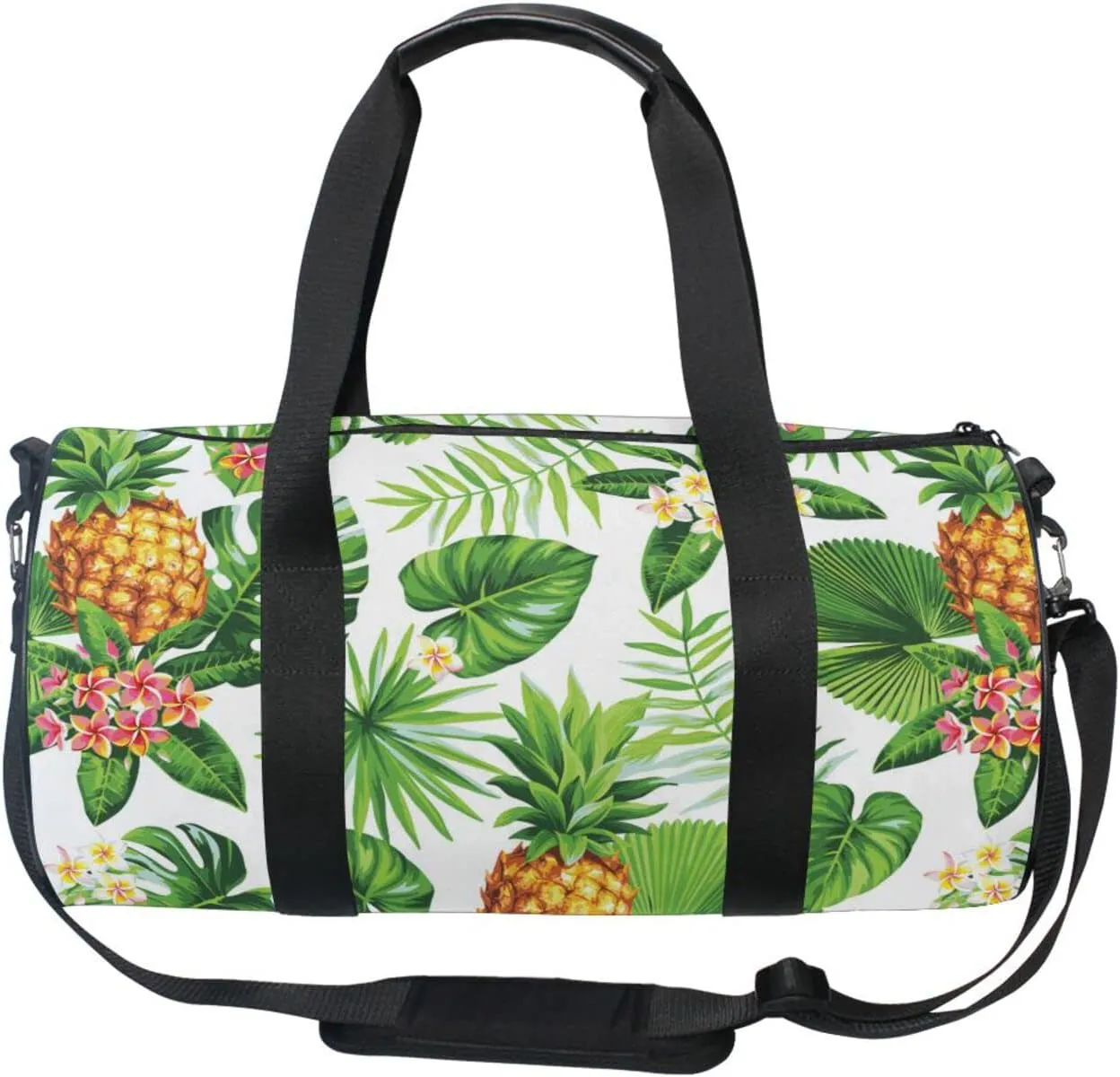 Seamless Hawaiian Pineapples, Tropical Palm Leaves Flowers on White Duffel Bag, Foldable Canvas Travel Tote for Gym Sports with Inner Pockets, Durable Lightweight Fitness Bag for Overnight Workout