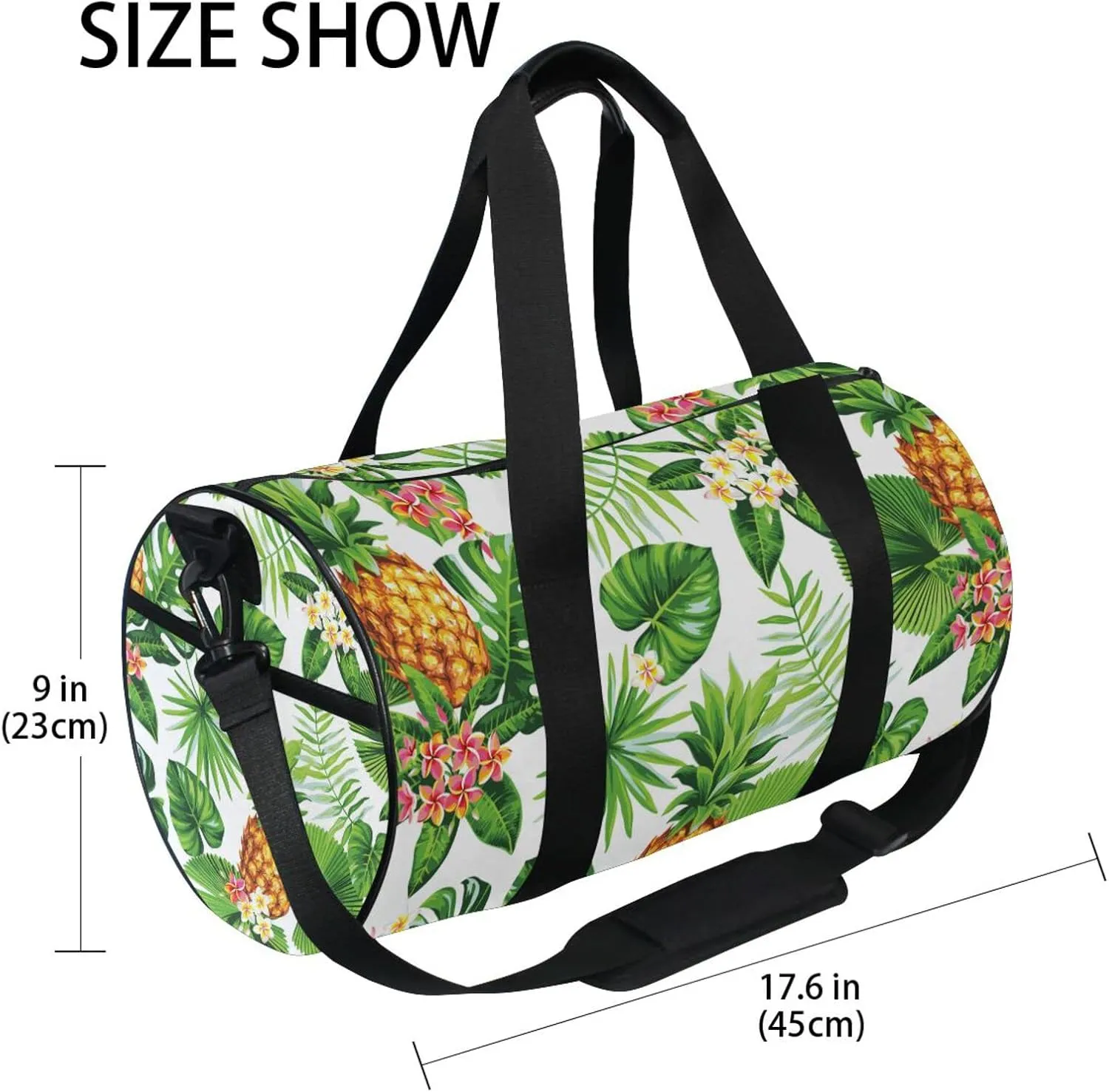 Seamless Hawaiian Pineapples, Tropical Palm Leaves Flowers on White Duffel Bag, Foldable Canvas Travel Tote for Gym Sports with Inner Pockets, Durable Lightweight Fitness Bag for Overnight Workout
