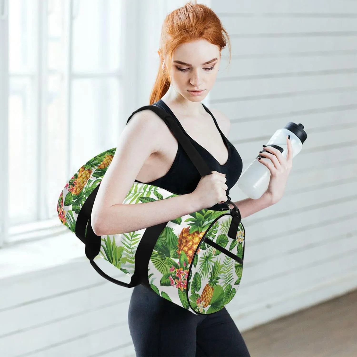 Seamless Hawaiian Pineapples, Tropical Palm Leaves Flowers on White Duffel Bag, Foldable Canvas Travel Tote for Gym Sports with Inner Pockets, Durable Lightweight Fitness Bag for Overnight Workout