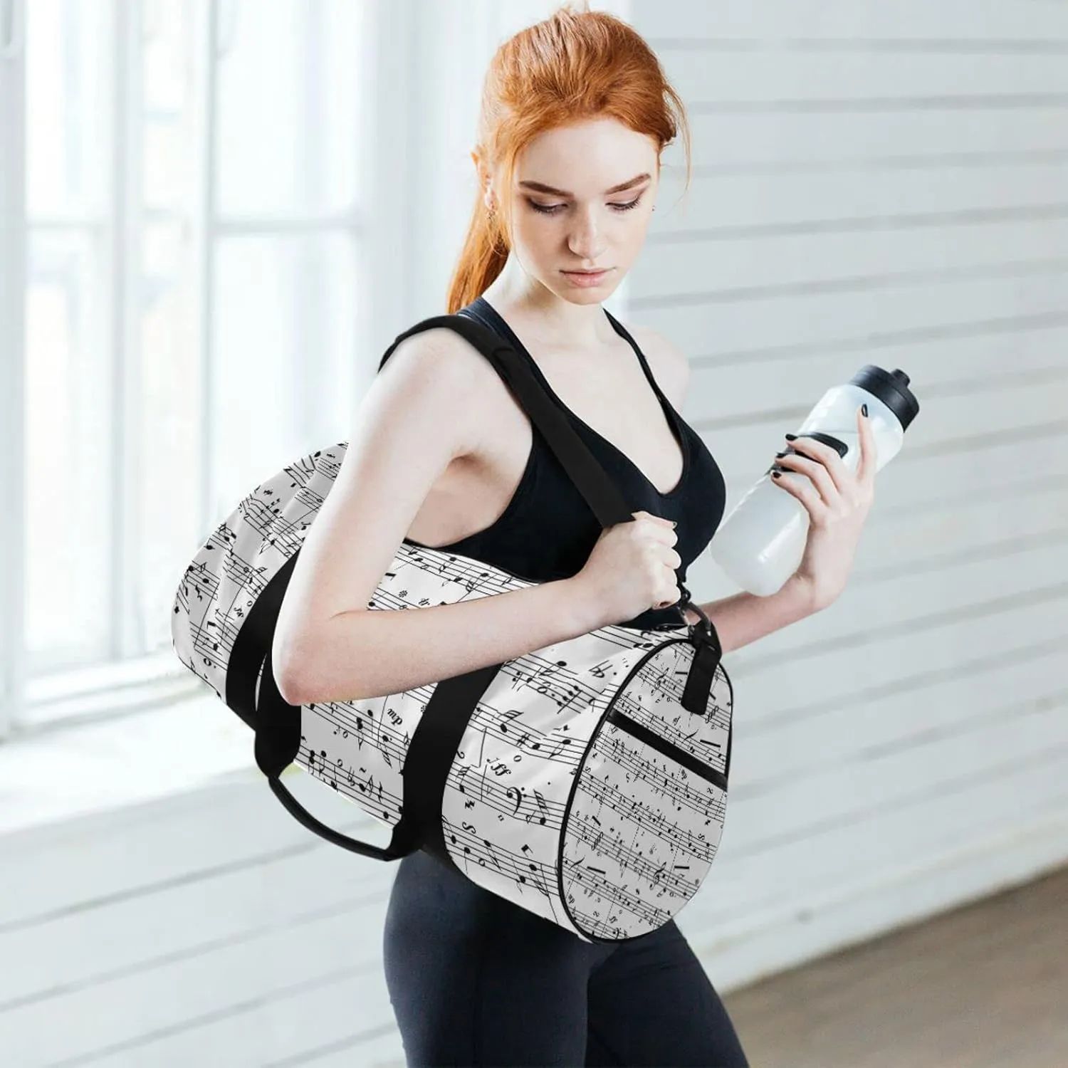 Seamless Retro Music Notes Black Ink Hand Drawn icons Artistic Duffel Bag, Foldable Canvas Travel Tote for Gym Sports with Inner Pockets, Durable Lightweight Fitness Bag for Overnight Workout
