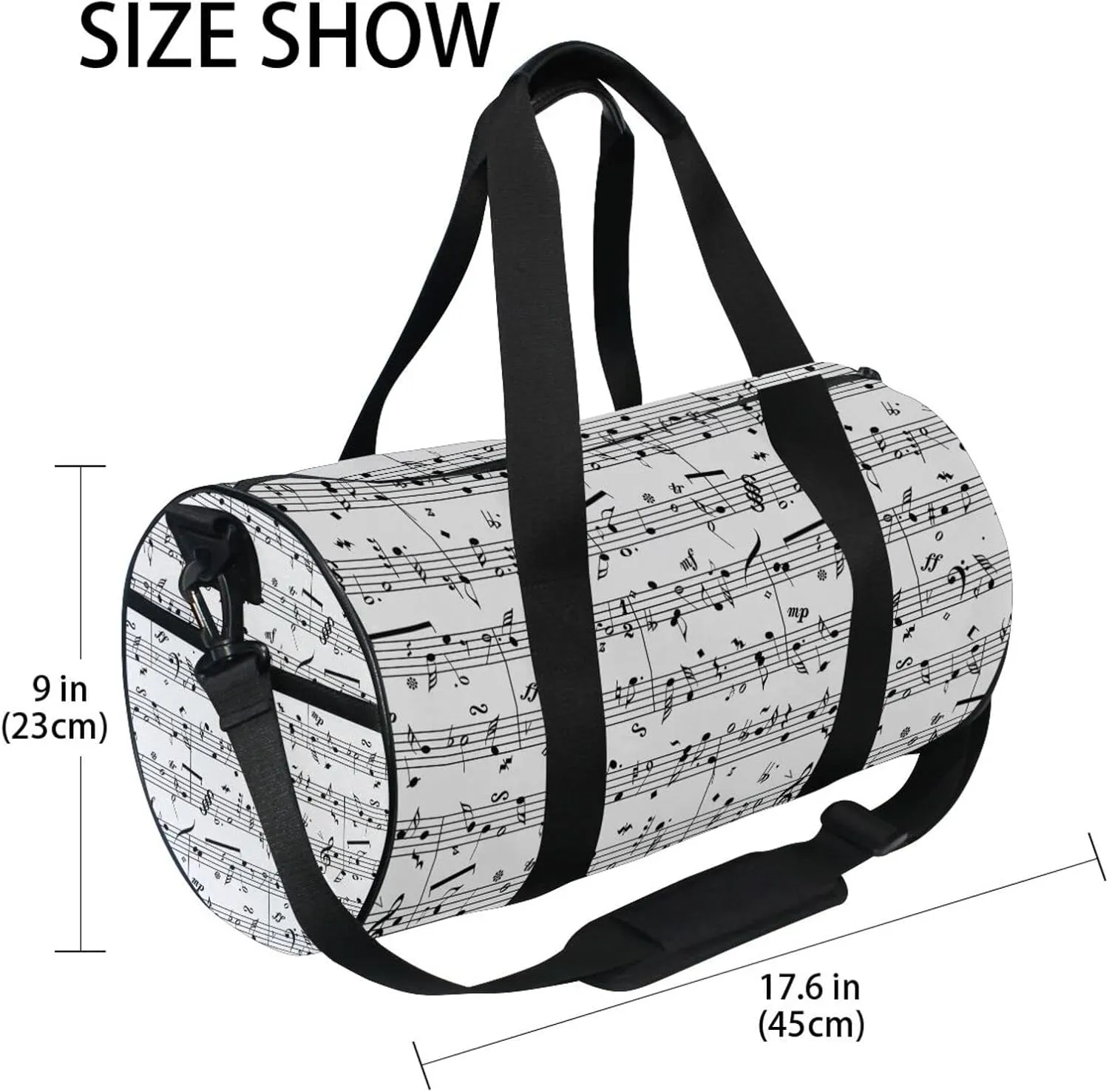 Seamless Retro Music Notes Black Ink Hand Drawn icons Artistic Duffel Bag, Foldable Canvas Travel Tote for Gym Sports with Inner Pockets, Durable Lightweight Fitness Bag for Overnight Workout