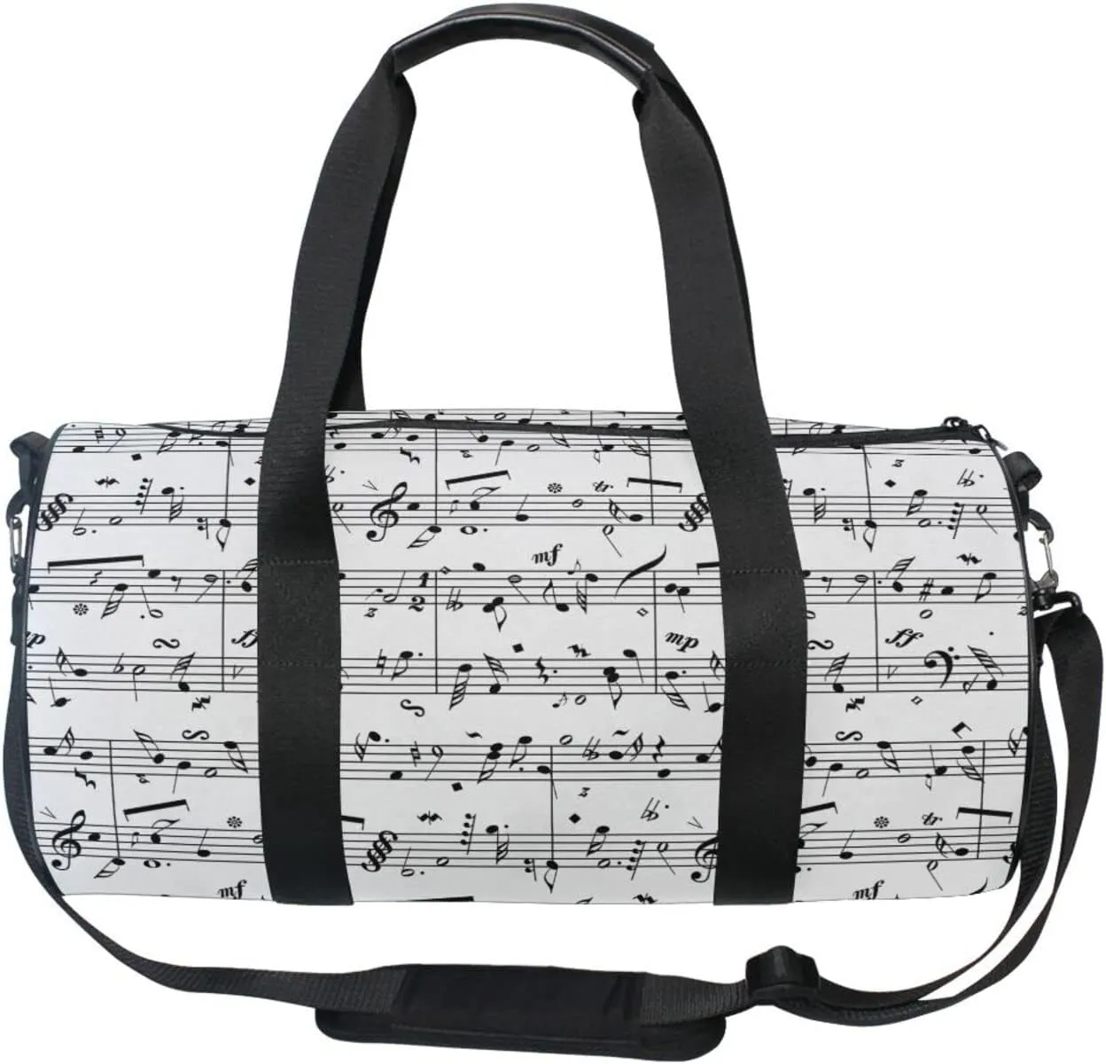 Seamless Retro Music Notes Black Ink Hand Drawn icons Artistic Duffel Bag, Foldable Canvas Travel Tote for Gym Sports with Inner Pockets, Durable Lightweight Fitness Bag for Overnight Workout
