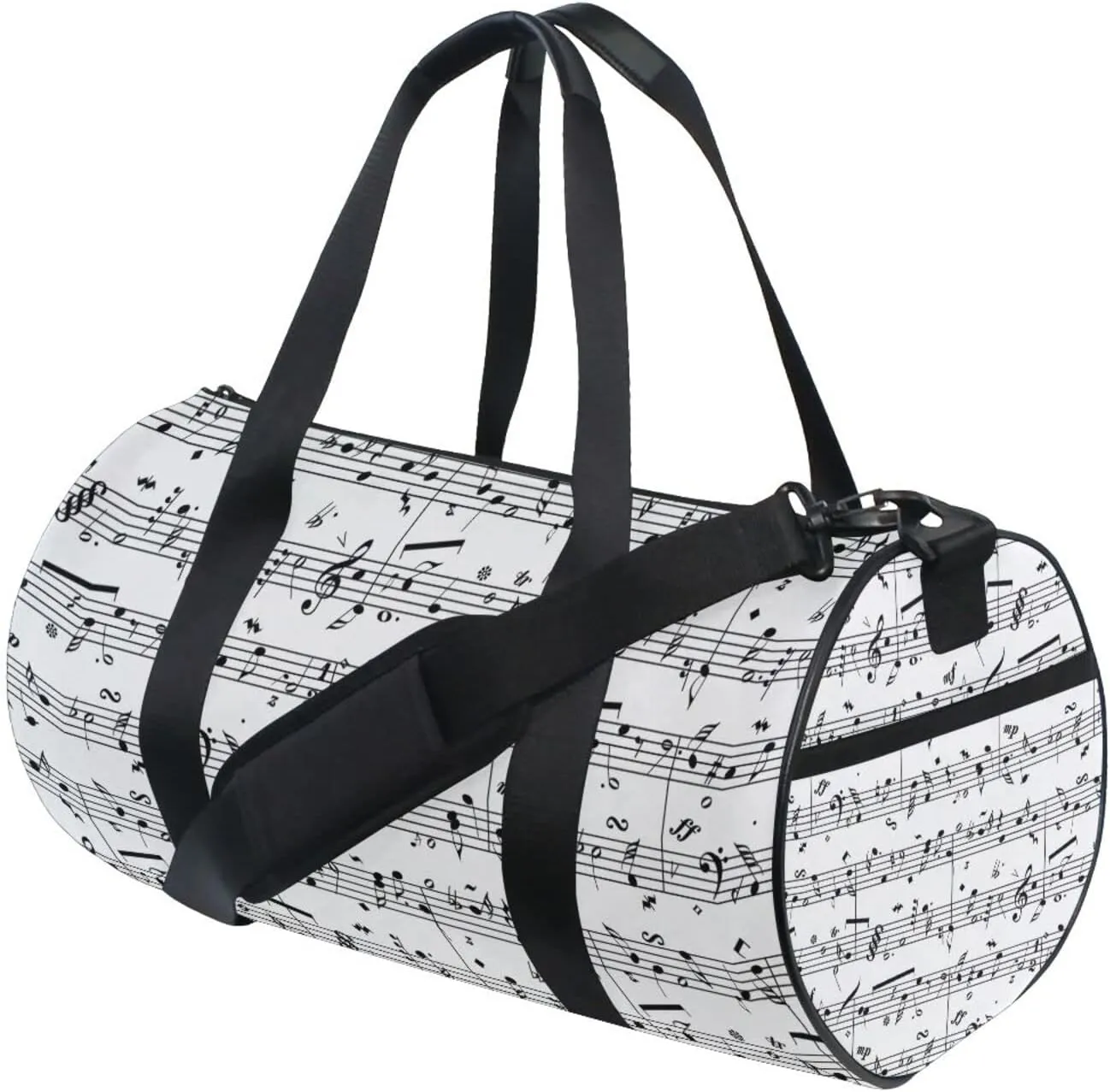 Seamless Retro Music Notes Black Ink Hand Drawn icons Artistic Duffel Bag, Foldable Canvas Travel Tote for Gym Sports with Inner Pockets, Durable Lightweight Fitness Bag for Overnight Workout