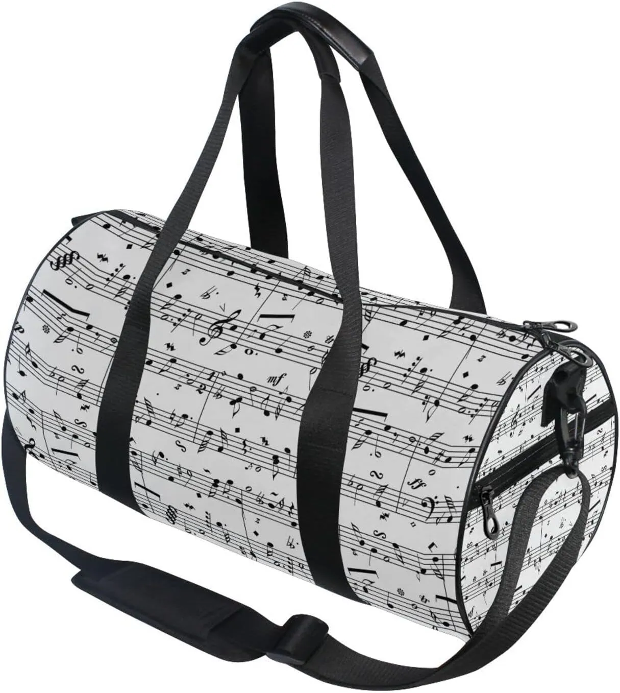 Seamless Retro Music Notes Black Ink Hand Drawn icons Artistic Duffel Bag, Foldable Canvas Travel Tote for Gym Sports with Inner Pockets, Durable Lightweight Fitness Bag for Overnight Workout