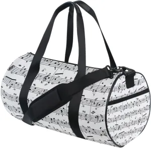 Seamless Retro Music Notes Black Ink Hand Drawn icons Artistic Duffel Bag, Foldable Canvas Travel Tote for Gym Sports with Inner Pockets, Durable Lightweight Fitness Bag for Overnight Workout
