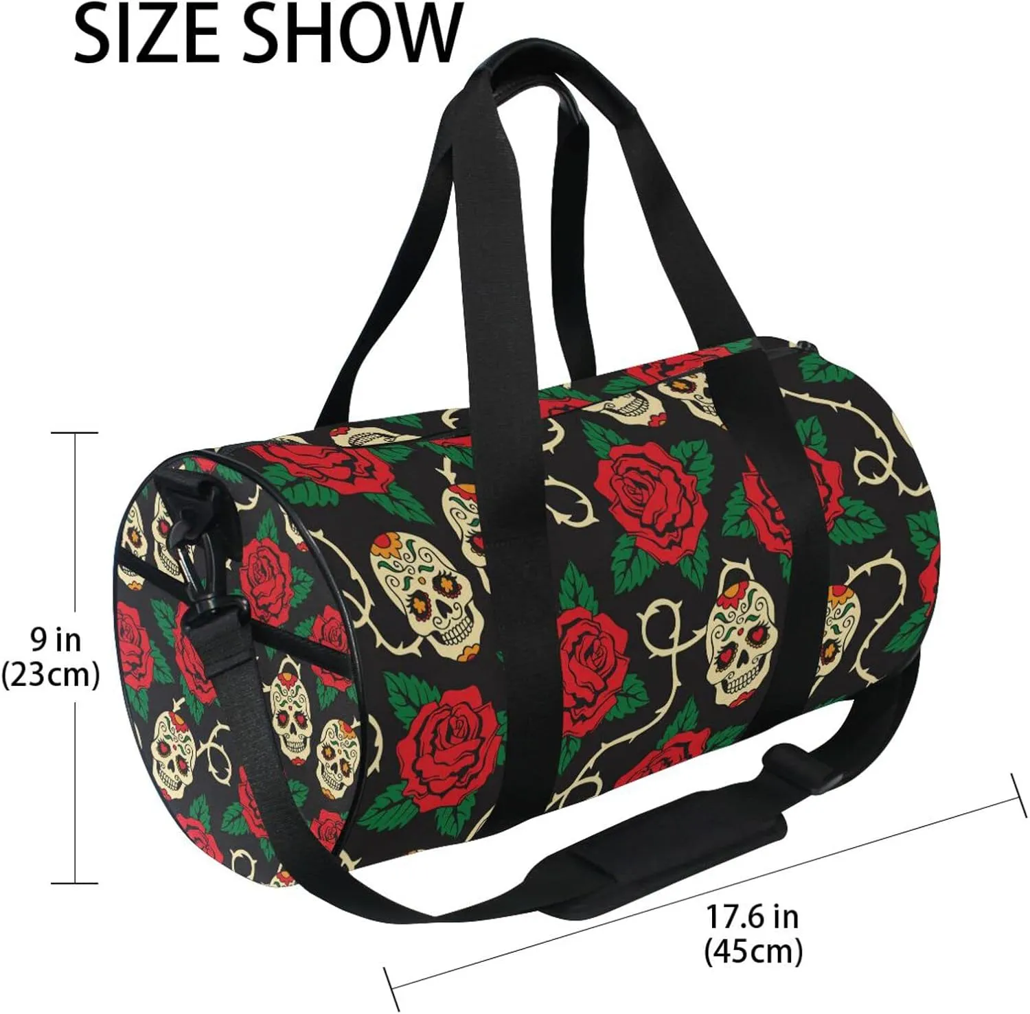 Seamless Sugar Skulls Red Roses with Green Leaves on Black Duffel Bag, Foldable Canvas Travel Tote for Gym Sports with Inner Pockets, Durable Lightweight Fitness Bag for Overnight Workout