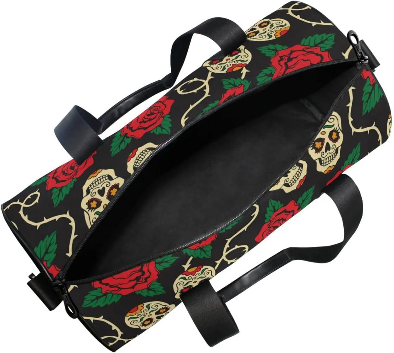 Seamless Sugar Skulls Red Roses with Green Leaves on Black Duffel Bag, Foldable Canvas Travel Tote for Gym Sports with Inner Pockets, Durable Lightweight Fitness Bag for Overnight Workout