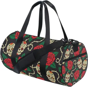 Seamless Sugar Skulls Red Roses with Green Leaves on Black Duffel Bag, Foldable Canvas Travel Tote for Gym Sports with Inner Pockets, Durable Lightweight Fitness Bag for Overnight Workout