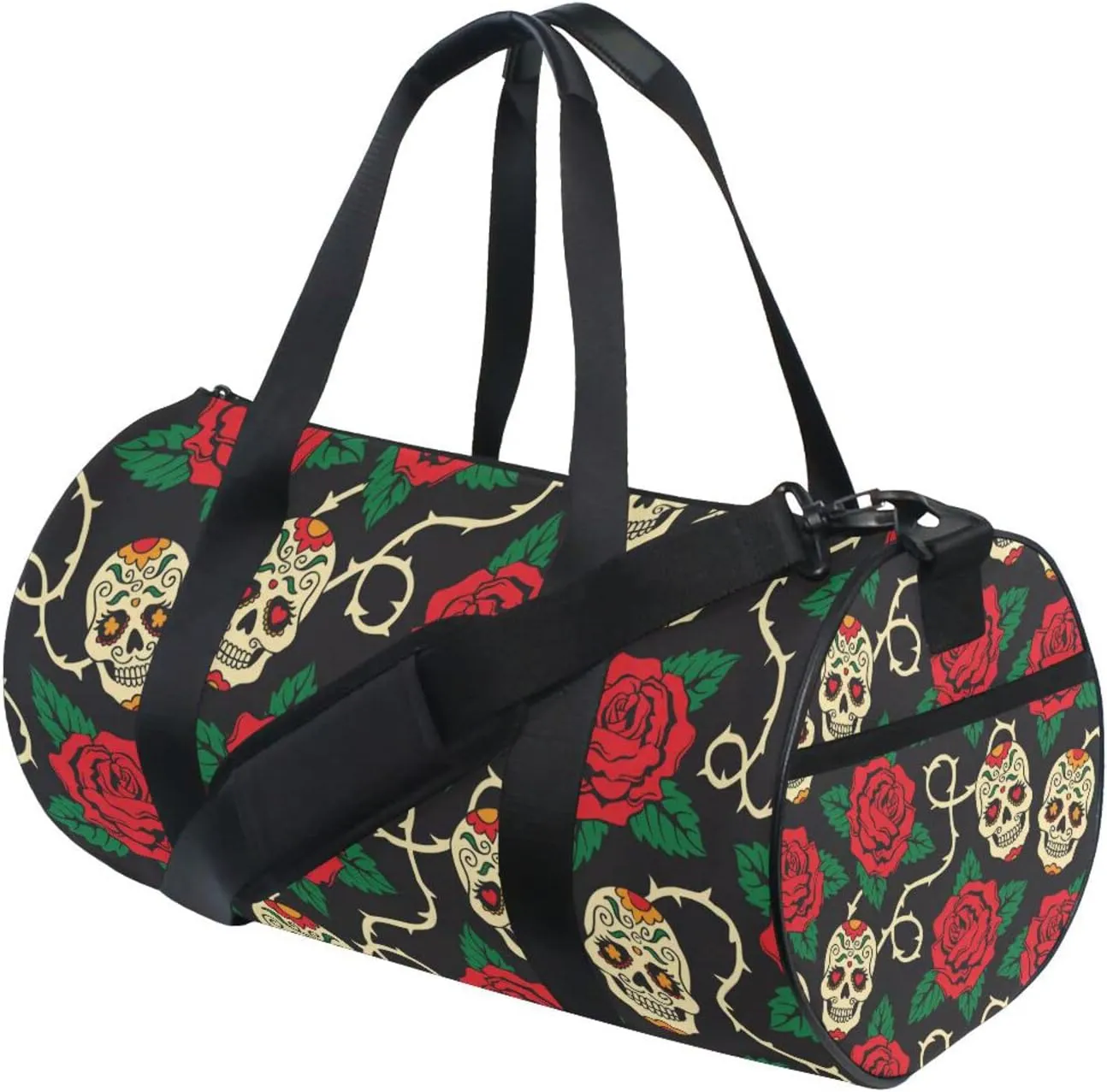 Seamless Sugar Skulls Red Roses with Green Leaves on Black Duffel Bag, Foldable Canvas Travel Tote for Gym Sports with Inner Pockets, Durable Lightweight Fitness Bag for Overnight Workout
