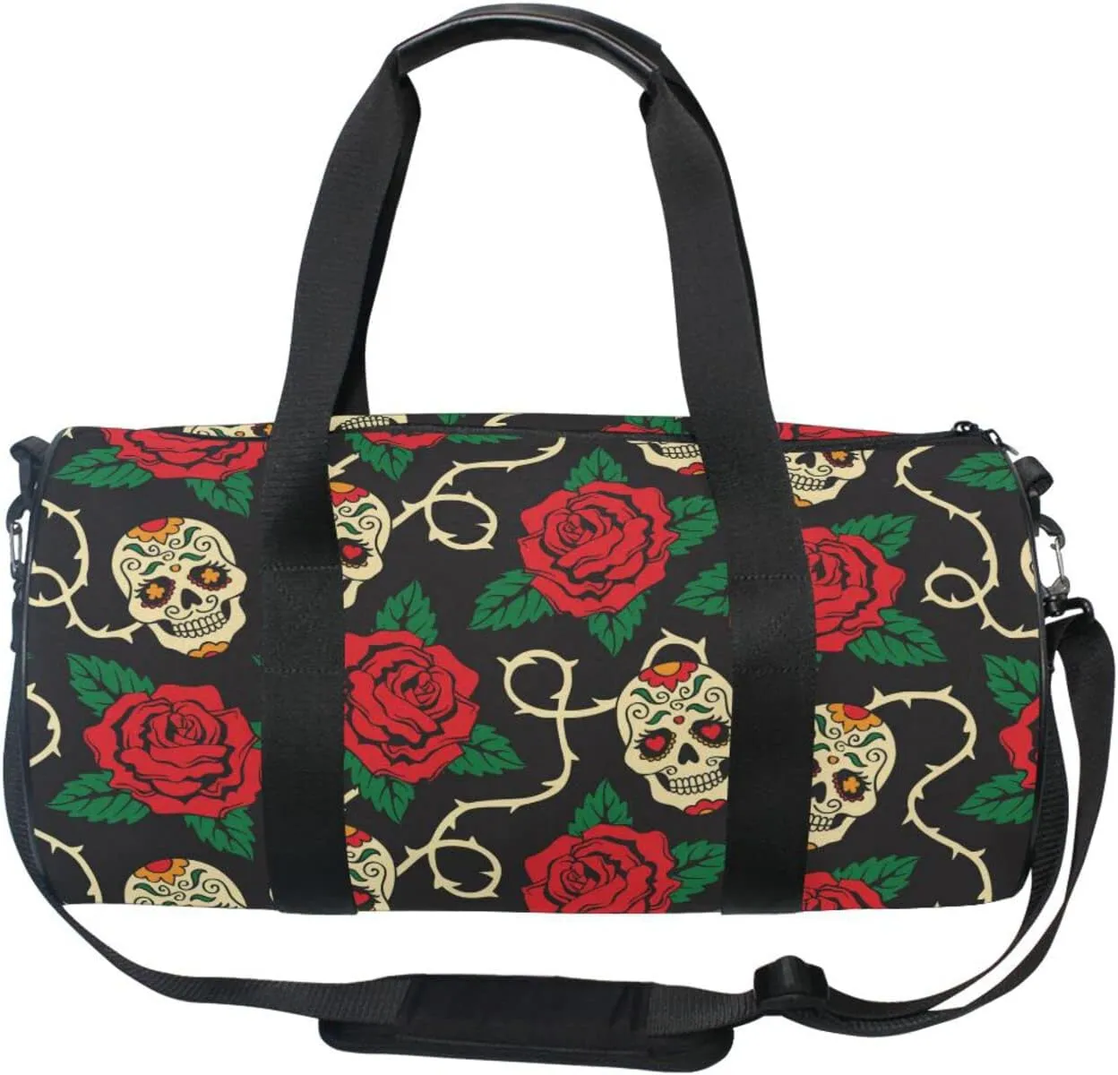 Seamless Sugar Skulls Red Roses with Green Leaves on Black Duffel Bag, Foldable Canvas Travel Tote for Gym Sports with Inner Pockets, Durable Lightweight Fitness Bag for Overnight Workout