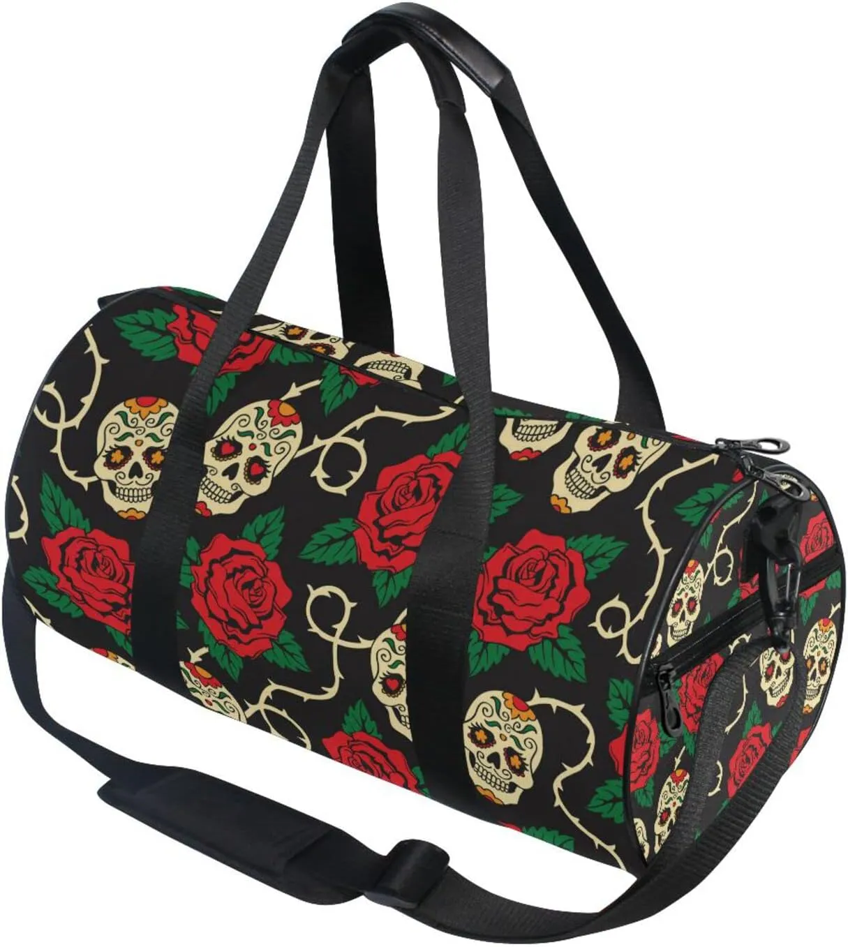 Seamless Sugar Skulls Red Roses with Green Leaves on Black Duffel Bag, Foldable Canvas Travel Tote for Gym Sports with Inner Pockets, Durable Lightweight Fitness Bag for Overnight Workout