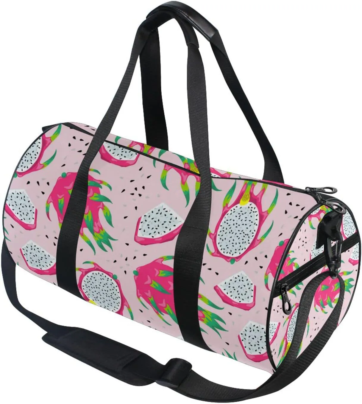 Seamless White Purple Green Dragon Fruits Slices on Pink Duffel Bag, Foldable Canvas Travel Tote for Gym Sports with Inner Pockets, Durable Lightweight Fitness Bag for Overnight Workout